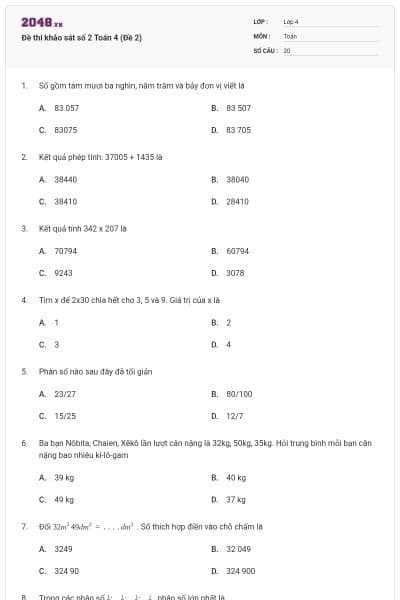 Đề thi khảo sát số 2 Toán 4 (Đề 2)