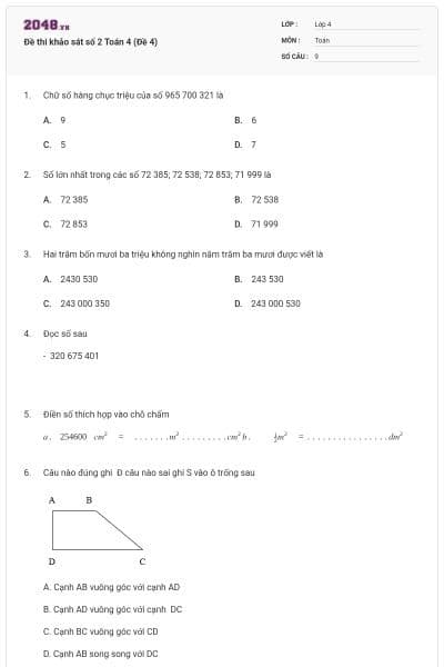 Đề thi khảo sát số 2 Toán 4 (Đề 4)