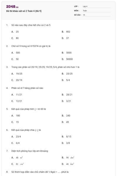 Đề thi khảo sát số 2 Toán 4 (Đề 9)