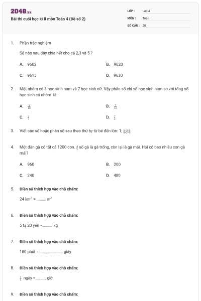 Bài thi cuối học kì II môn Toán 4 (Đề số 2)
