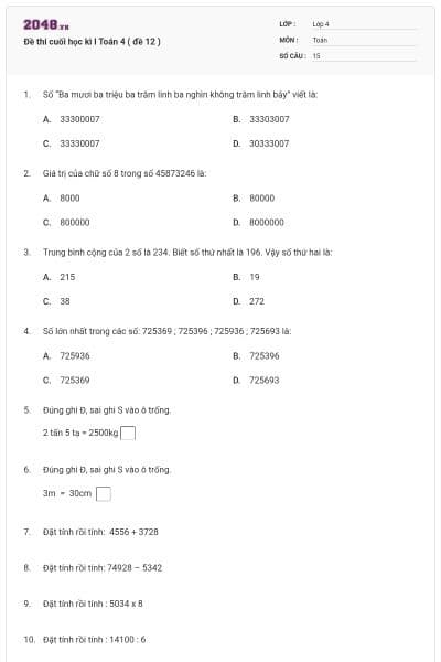 Đề thi cuối học kì I Toán 4 ( đề 12 )