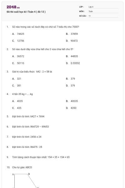 Đề thi cuối học kì I Toán 4 ( đề 13 )