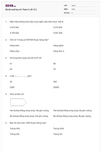 Đề thi cuối học kì I Toán 4 ( đề 15 )