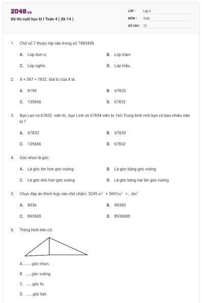 Đề thi cuối học kì I Toán 4 ( đề 14 )