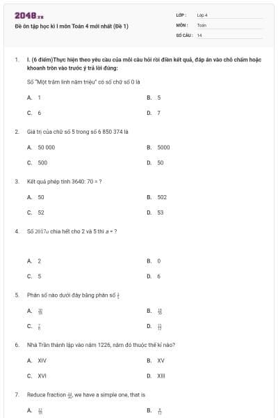 Đề ôn tập học kì I môn Toán 4 mới nhất (Đề 1)
