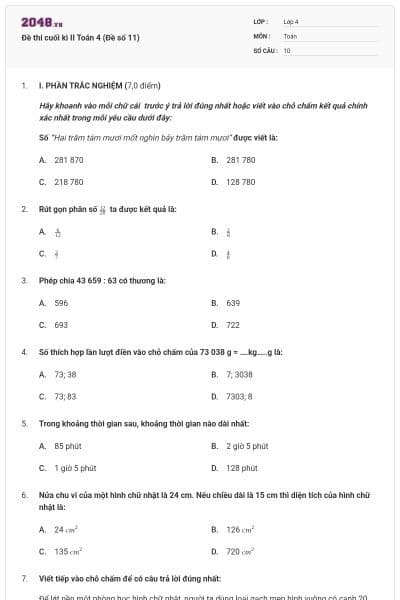 Đề thi cuối kì II Toán 4 (Đề số 11)
