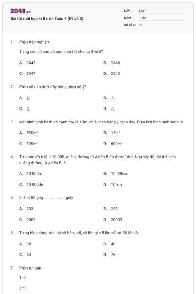 Bài thi cuối học kì II môn Toán 4 (Đề số 3)