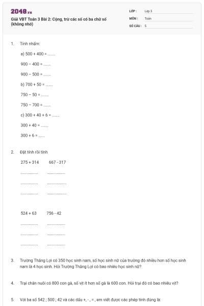 Giải VBT Toán 3 Bài 2: Cộng, trừ các số có ba chữ số (không nhớ)