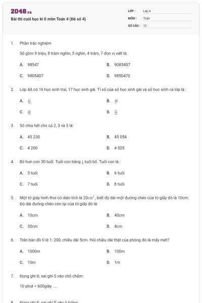 Bài thi cuối học kì II môn Toán 4 (Đề số 4)