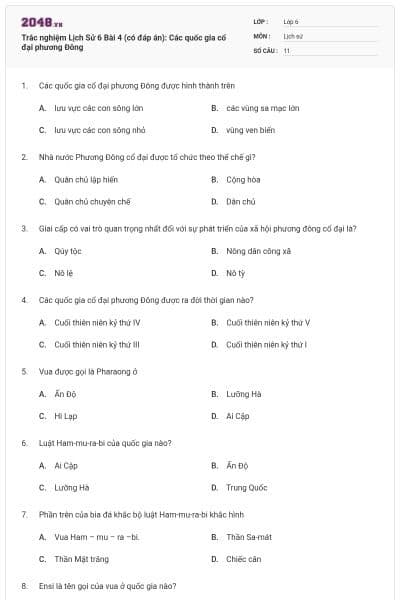 Trắc nghiệm Lịch Sử 6 Bài 4 (có đáp án): Các quốc gia cổ đại phương Đông