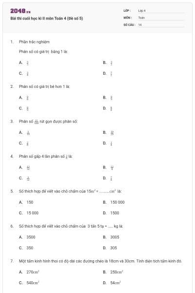 Bài thi cuối học kì II môn Toán 4 (Đề số 5)