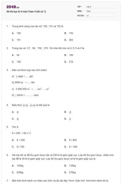 Đề thi học kì II môn Toán 4 (đề số 1)