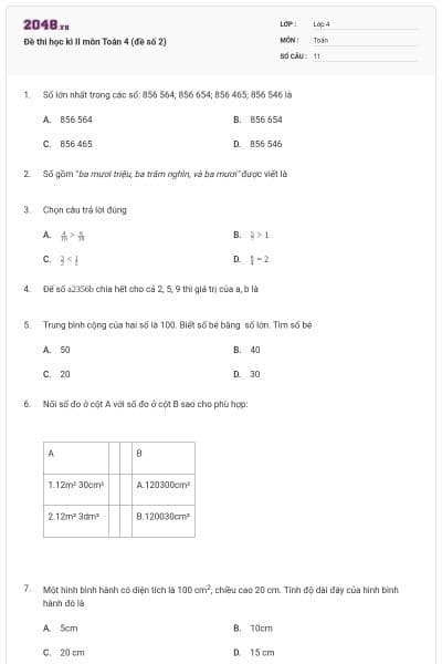 Đề thi học kì II môn Toán 4 (đề số 2)