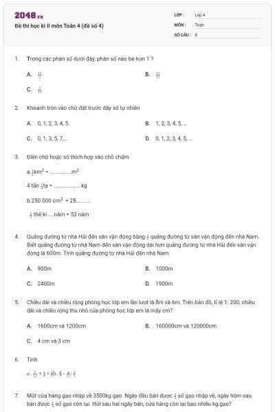 Đề thi học kì II môn Toán 4 (đề số 4)