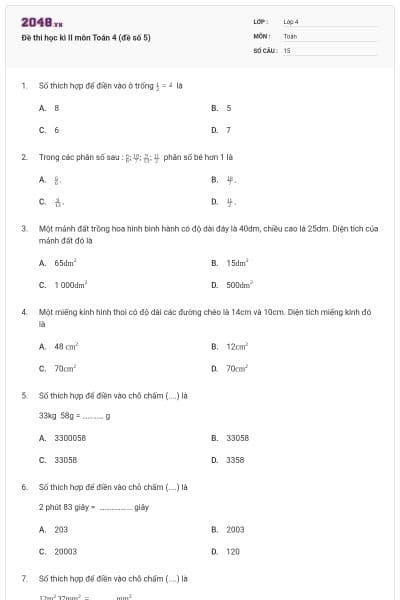 Đề thi học kì II môn Toán 4 (đề số 5)