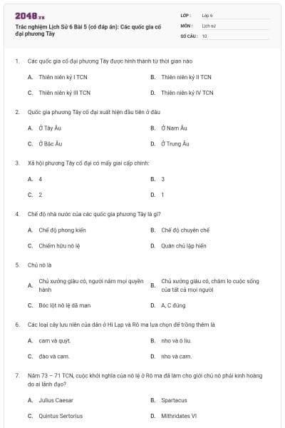 Trắc nghiệm Lịch Sử 6 Bài 5 (có đáp án): Các quốc gia cổ đại phương Tây