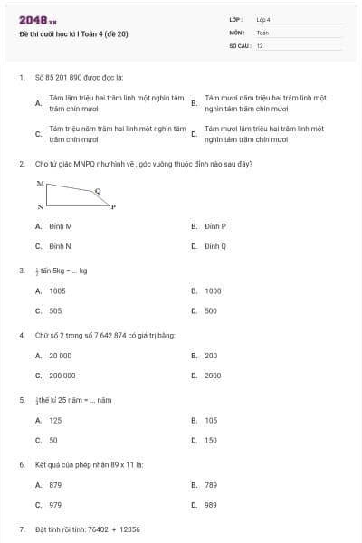 Đề thi cuối học kì I Toán 4 (đề 20)