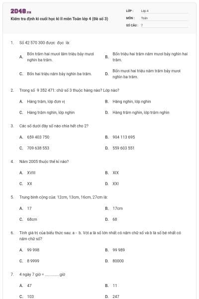 Kiểm tra định kì cuối học kì II môn Toán lớp 4 (Đề số 3)
