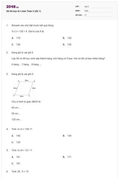 Đề thi học kì I môn Toán 3 (đề 1)