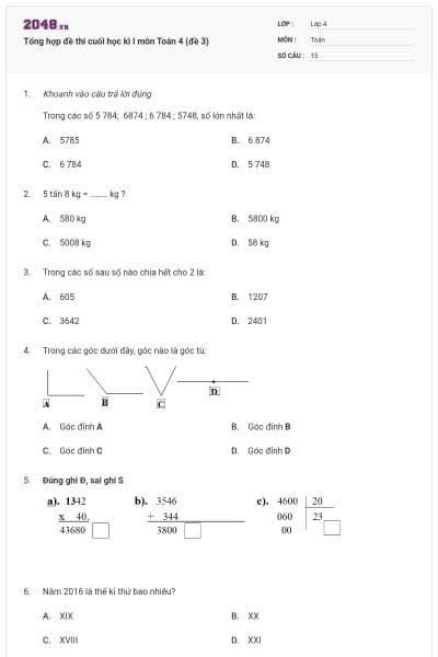 Tổng hợp đề thi cuối học kì I môn Toán 4 (đề 3)