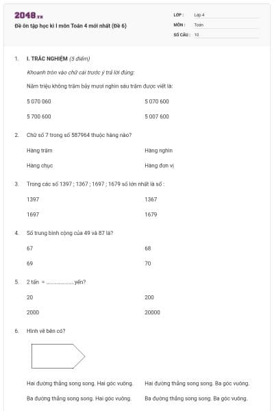 Đề ôn tập học kì I môn Toán 4 mới nhất (Đề 6)