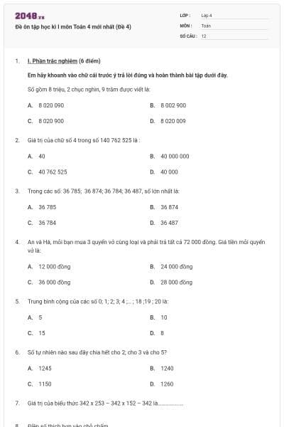 Đề ôn tập học kì I môn Toán 4 mới nhất (Đề 4)