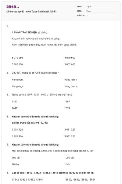 Đề ôn tập học kì I môn Toán 4 mới nhất (Đề 8)