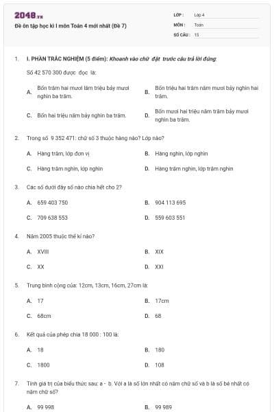 Đề ôn tập học kì I môn Toán 4 mới nhất (Đề 7)