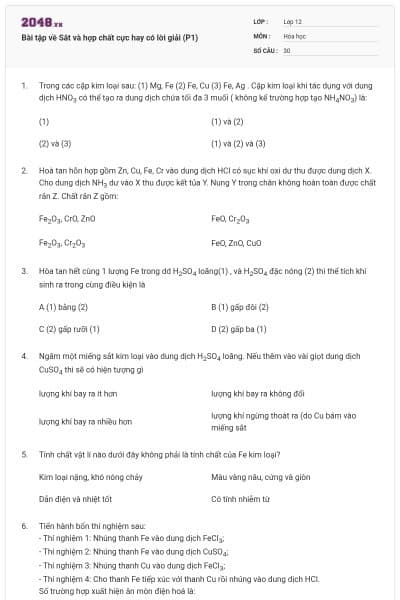 Bài tập về Sắt và hợp chất cực hay có lời giải (P1)
