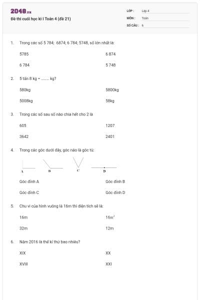 Đề thi cuối học kì I Toán 4 (đề 21)