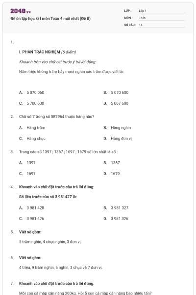 Đề ôn tập học kì I môn Toán 4 mới nhất (Đề 8)