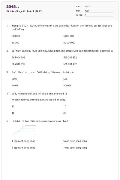 Đề thi cuối học kì I Toán 4 (đề 22)