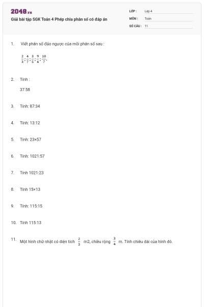 Giải bài tập SGK Toán 4 Phép chia phân số có đáp án