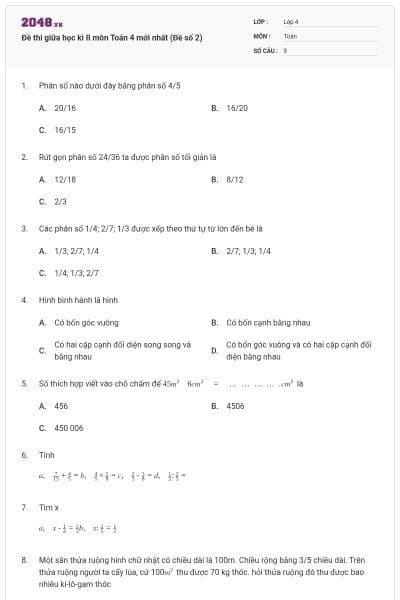 Đề thi giữa học kì II môn Toán 4 mới nhất (Đề số 2)