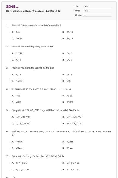 Đề thi giữa học kì II môn Toán 4 mới nhất (Đề số 3)