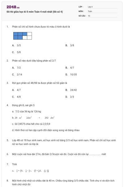 Đề thi giữa học kì II môn Toán 4 mới nhất (Đề số 4)