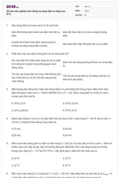 50 câu trắc nghiệm Dao động và sóng điện từ nâng cao (P1)