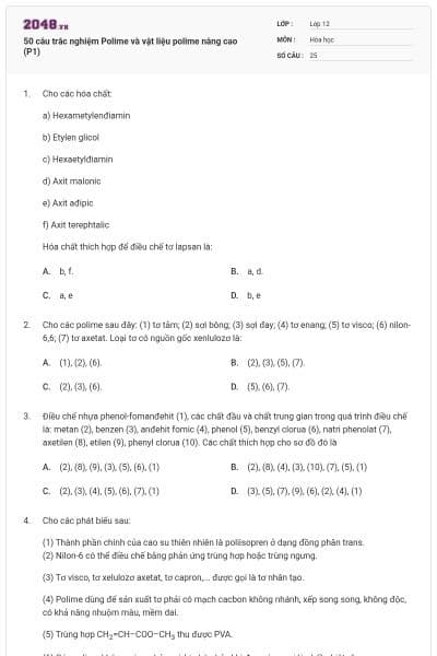 50 câu trắc nghiệm Polime và vật liệu polime nâng cao (P1)