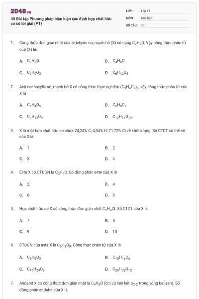 45 Bài tập Phương pháp biện luận xác định hợp chất hữu cơ có lời giải (P1)