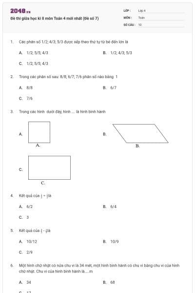 Đề thi giữa học kì II môn Toán 4 mới nhất (Đề số 7)