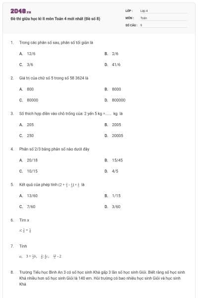 Đề thi giữa học kì II môn Toán 4 mới nhất (Đề số 8)