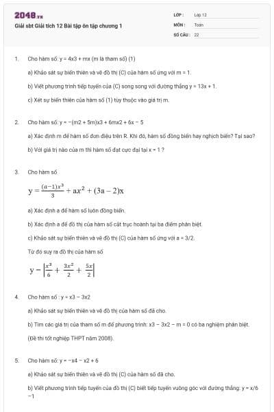 Giải sbt Giải tích 12 Bài tập ôn tập chương 1