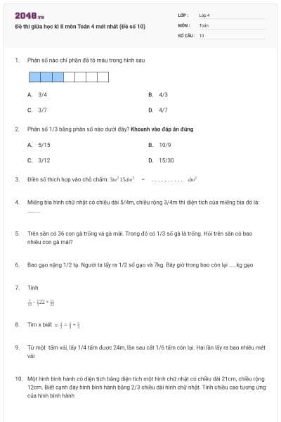 Đề thi giữa học kì II môn Toán 4 mới nhất (Đề số 10)