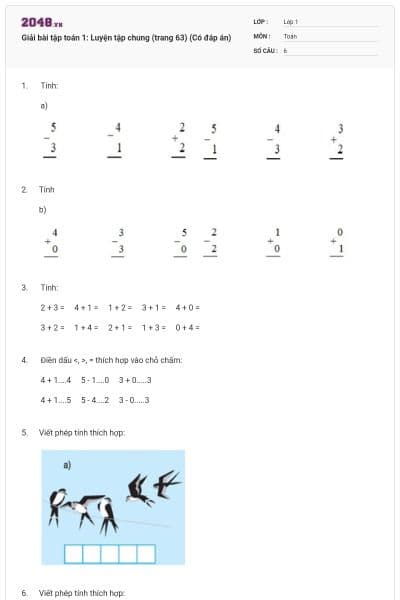 Giải bài tập toán 1: Luyện tập chung (trang 63) (Có đáp án)