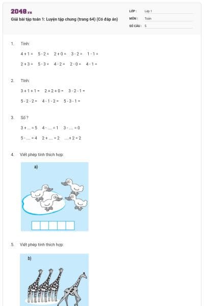 Giải bài tập toán 1: Luyện tập chung (trang 64) (Có đáp án)