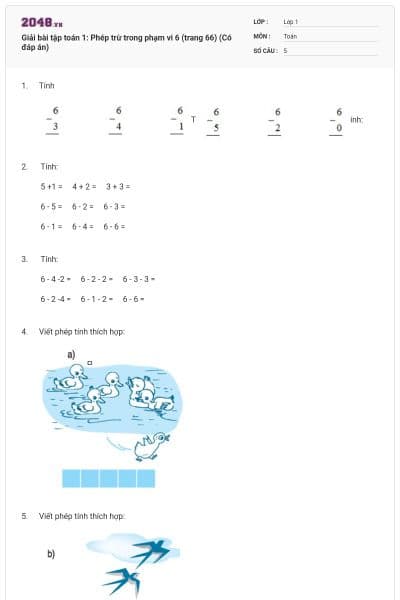 Giải bài tập toán 1: Phép trừ trong phạm vi 6 (trang 66) (Có đáp án)