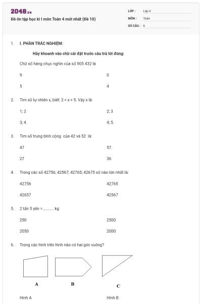 Đề ôn tập học kì I môn Toán 4 mới nhất (Đề 10)