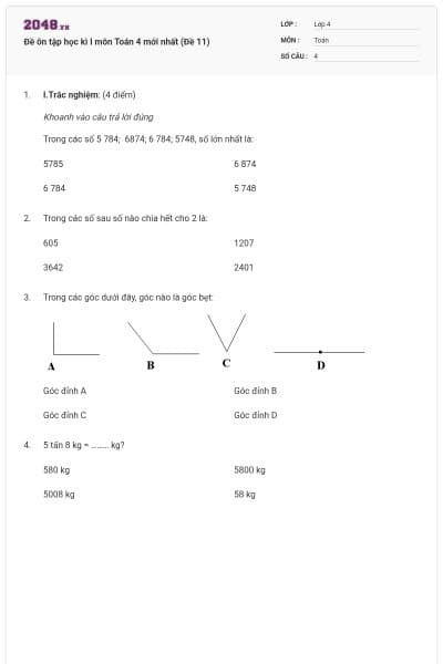 Đề ôn tập học kì I môn Toán 4 mới nhất (Đề 11)