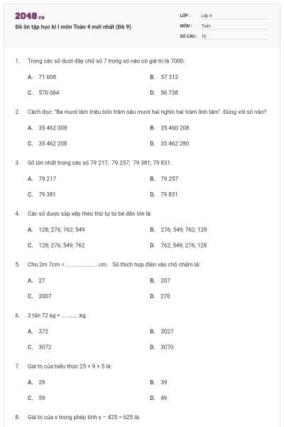 Đề ôn tập học kì I môn Toán 4 mới nhất (Đề 9)
