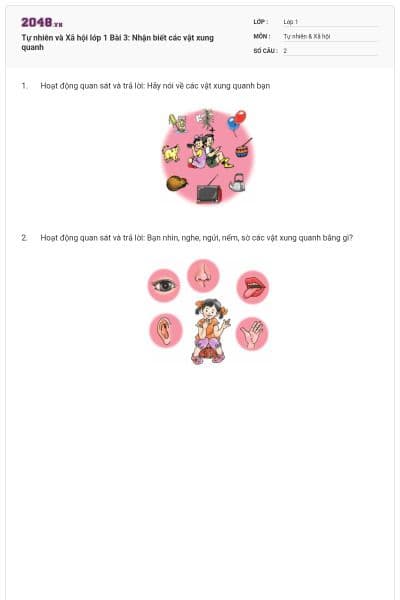 Tự nhiên và Xã hội lớp 1 Bài 3: Nhận biết các vật xung quanh